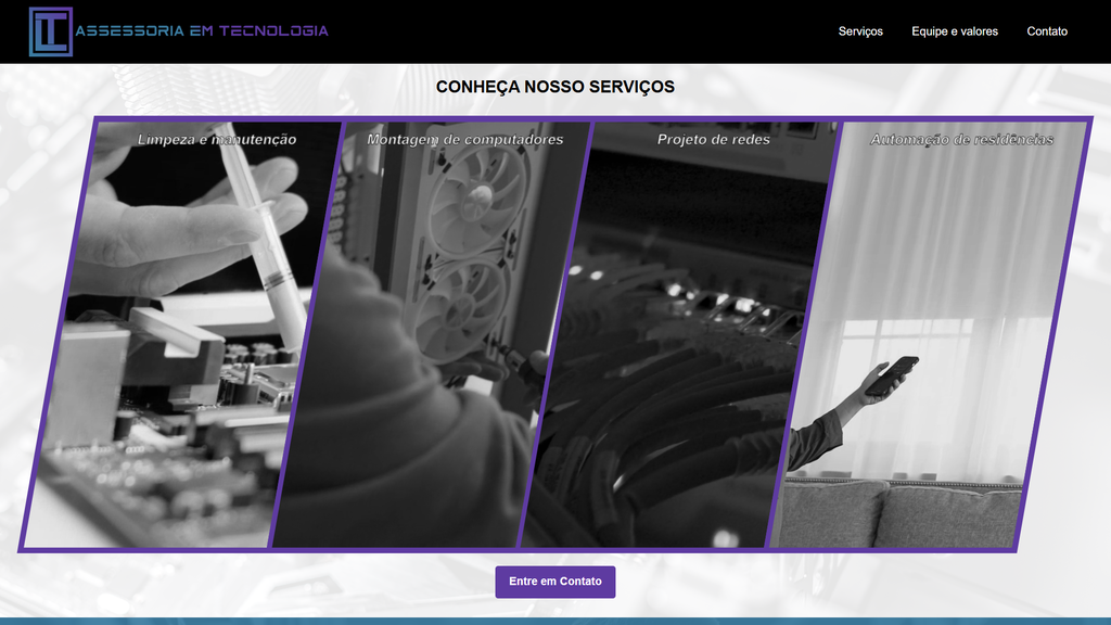 Página do site da LT Tecnologias com galeria dos serviços: limpeza e manutenção, montagem de computadores, projeto de redes e automação residencial