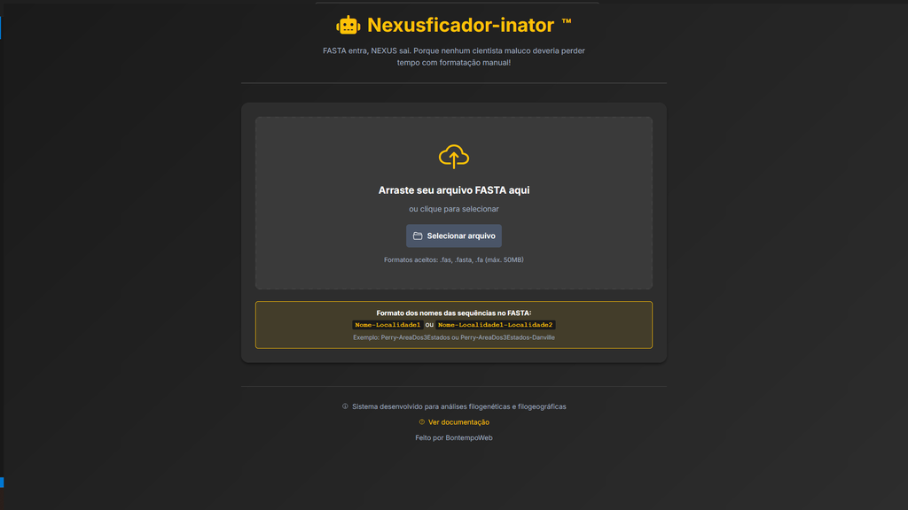 Interface do Nexusficador-inator para envio de arquivos FASTA e conversão para o formato NEXUS
