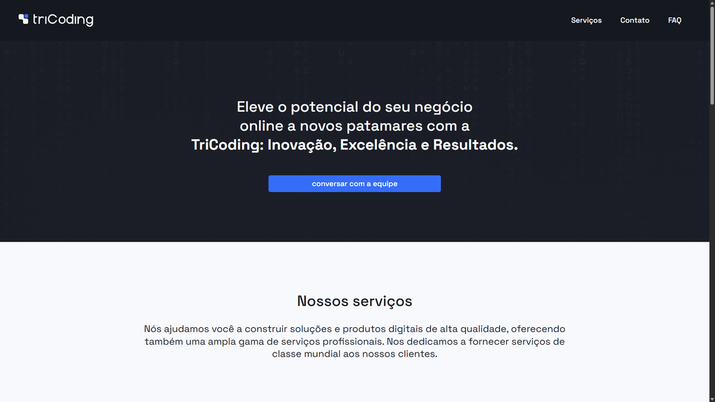 Página inicial do site da Tricoding com chamada para conversar com a equipe